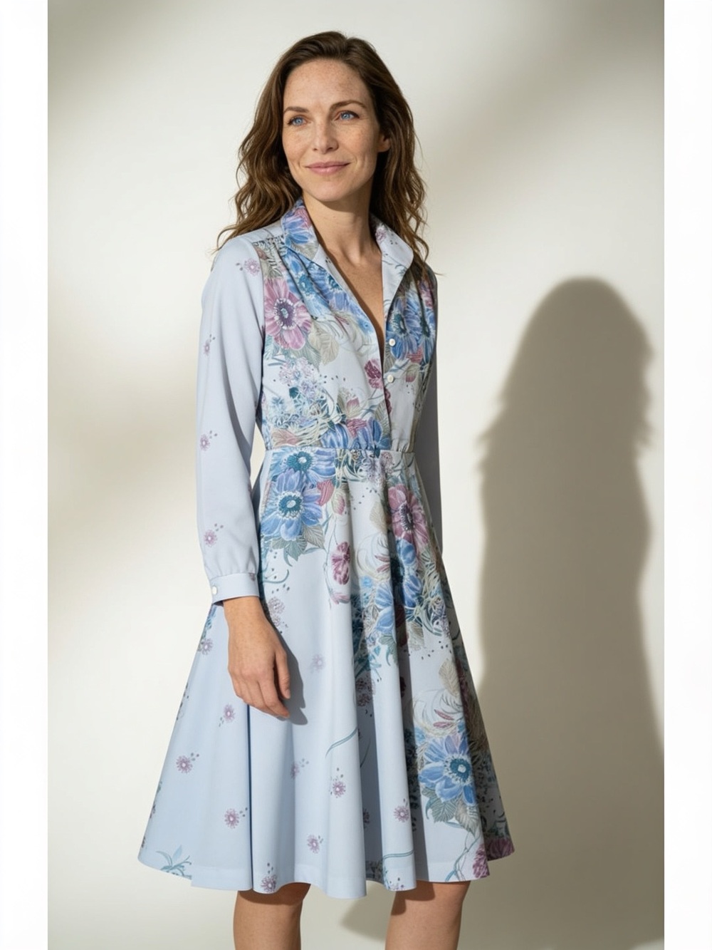 VI NTAGE 1970’s Light Blue Floral Fit & Flare Shirt Dress Size 10